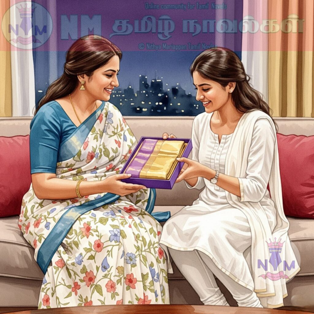 a woman holding a box with a gift