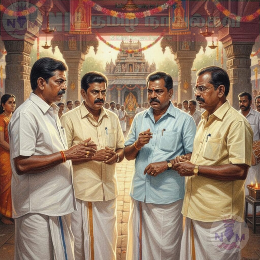 Men in traditional attire at temple.