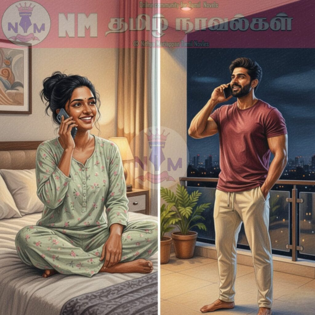 Two people on phone calls, indoors.